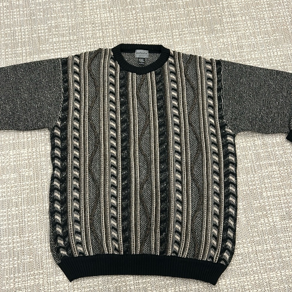 Montecatini Italian Vintage Chunky Mens Crewneck Black Wool Blend Sweate…